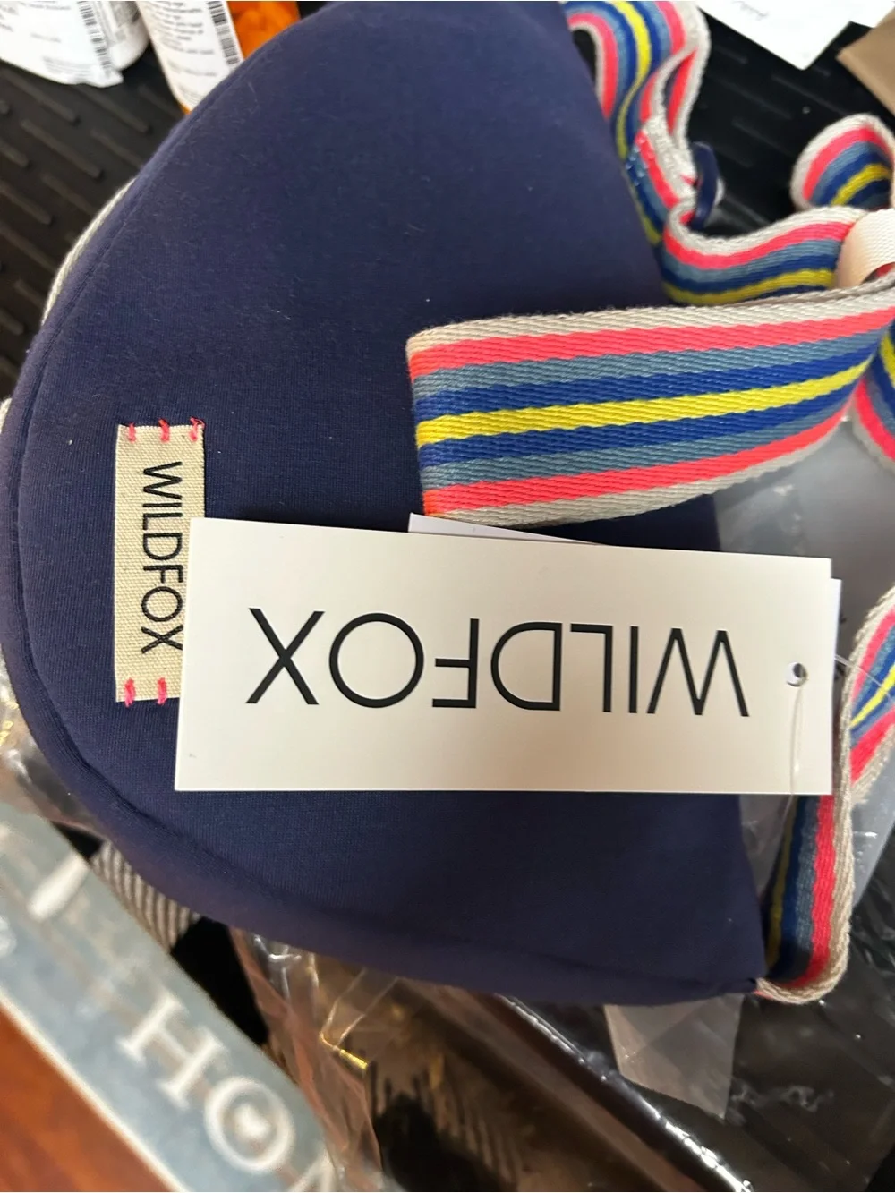 Wildfox Navy Heart Crossbody Bag with Multicolor Stripe Strap
